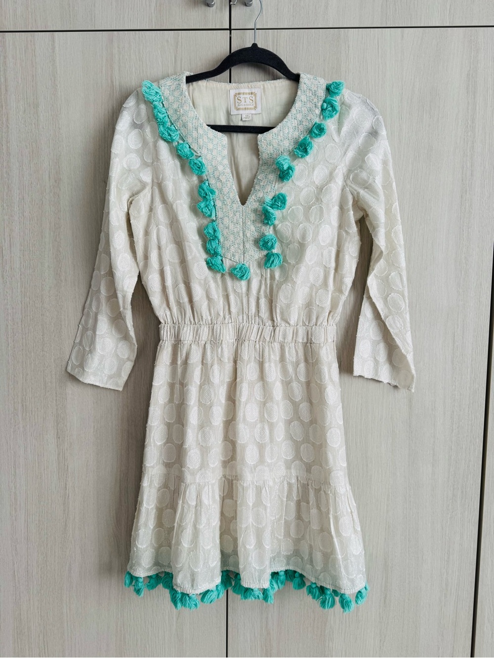 Sail to Sable Cream Mini Dress with Aqua Trim and Shimmer Sz XS